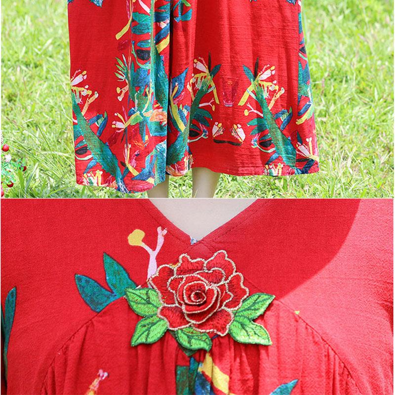Ethnic Style V-neck Embroidery Long-sleeved Dress Bohemian Style Spring and Autumn Large Size Loose Middle Calf Length