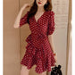 Polka Dot Sexy Party Dresses with Ruffle Women Chiffon Long Sleeve Mini Dress Ladies Vintage Clothes