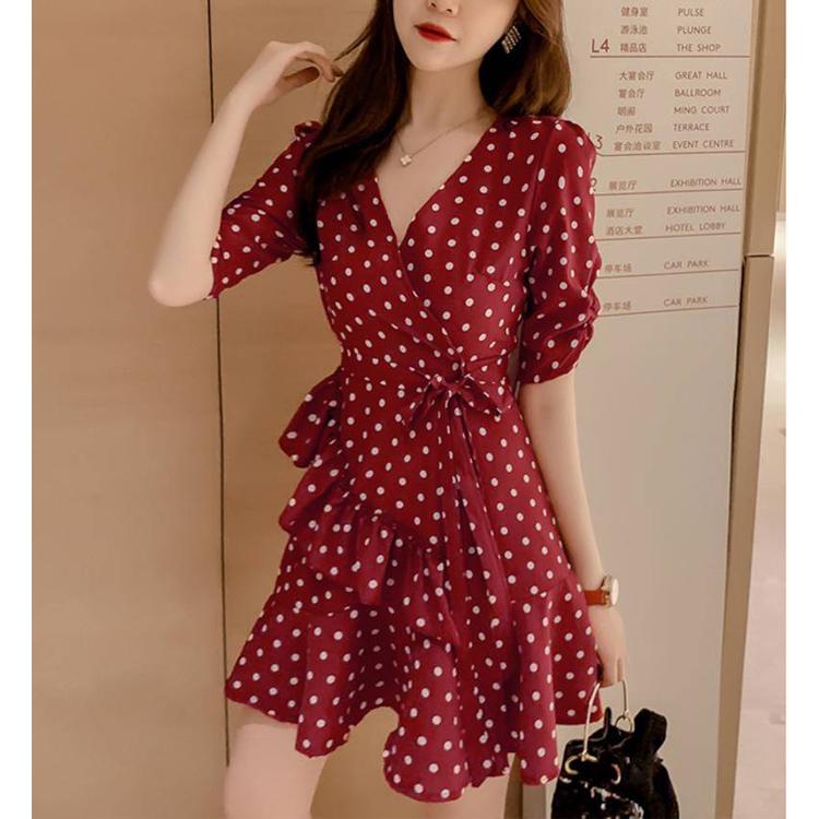 Polka Dot Sexy Party Dresses with Ruffle Women Chiffon Long Sleeve Mini Dress Ladies Vintage Clothes