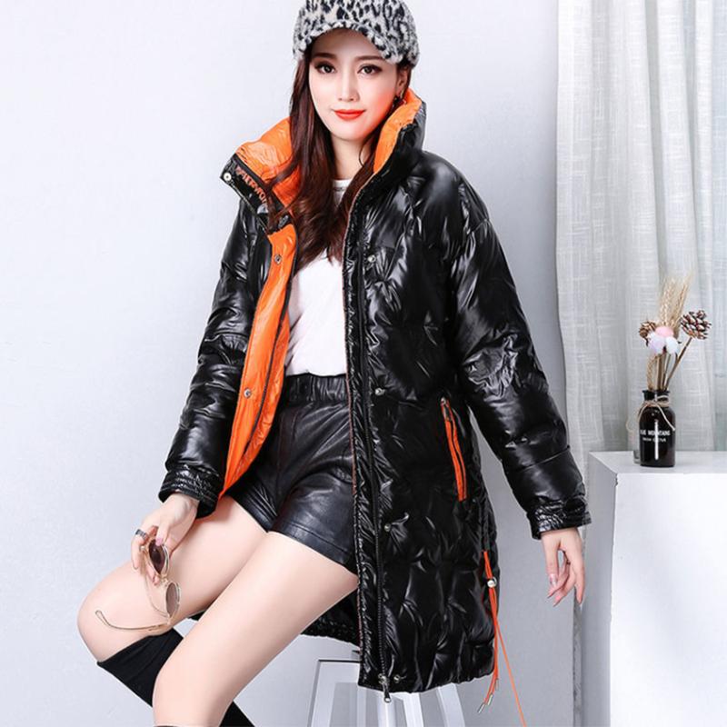 Women's Winter Korean Loose Quilted Coat Warm Stand-collar Down Jacket Women's Glossy Mid-length Down Jacket