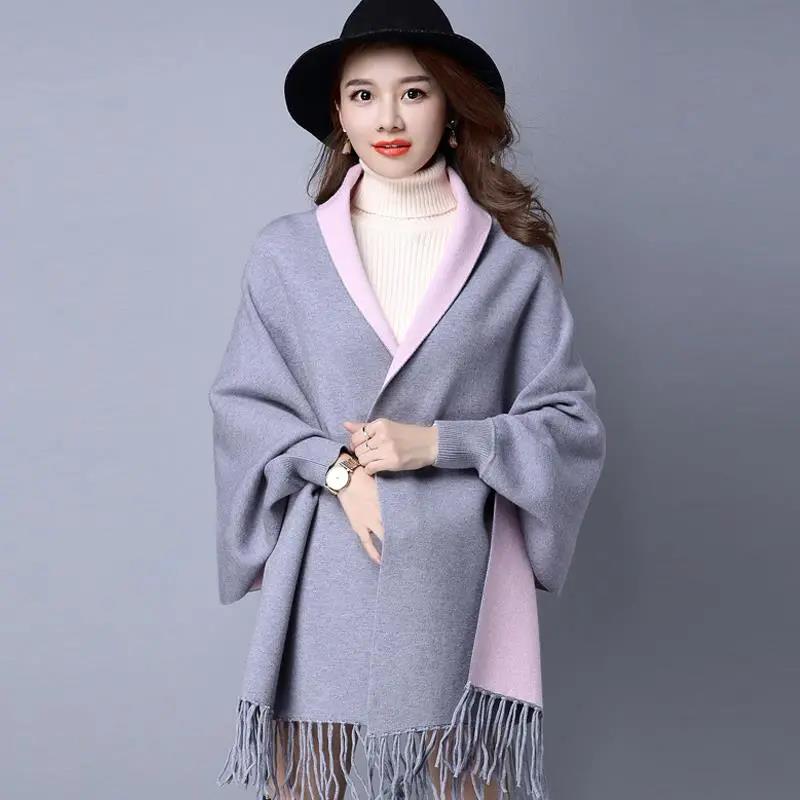 Women's Spring, Autumn and Winter Coat Knitted Cardigan Shawl Long-sleeved Thick Sweater Tassel Cloak Loose Cloak Comfortable Wrap
