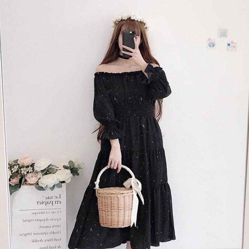 Dress Summer Women Stars Printed Off Shoulder Slim Black Dresses Girl Schoolgirl Kawaii Sweet Casual