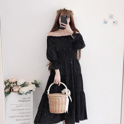 Dress Summer Women Stars Printed Off Shoulder Slim Black Dresses Girl Schoolgirl Kawaii Sweet Casual