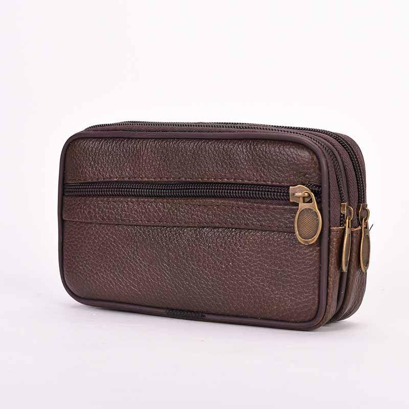 Men's Leather Horizontal Pockets Mobile Phone Waist Bag Wearing Belt Double Mobile Phone Purse Convenient Small Bag