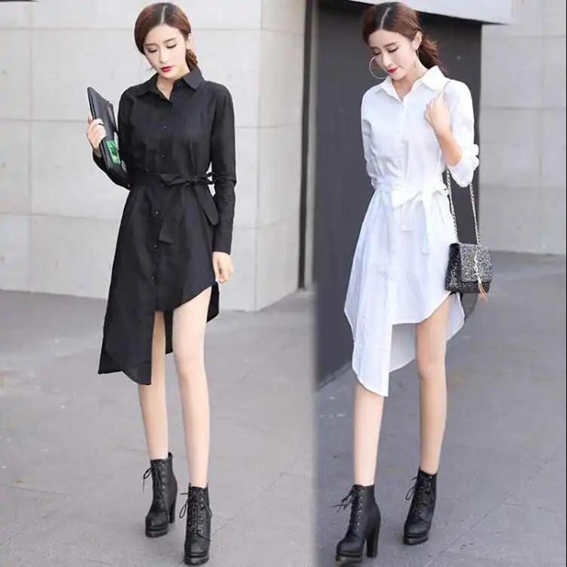 S-XXXXXL T-shirt Dress with Belt Loose Turn-down Collar Casual Long Sleeve Buttons Women Dress Irregular Split Fork