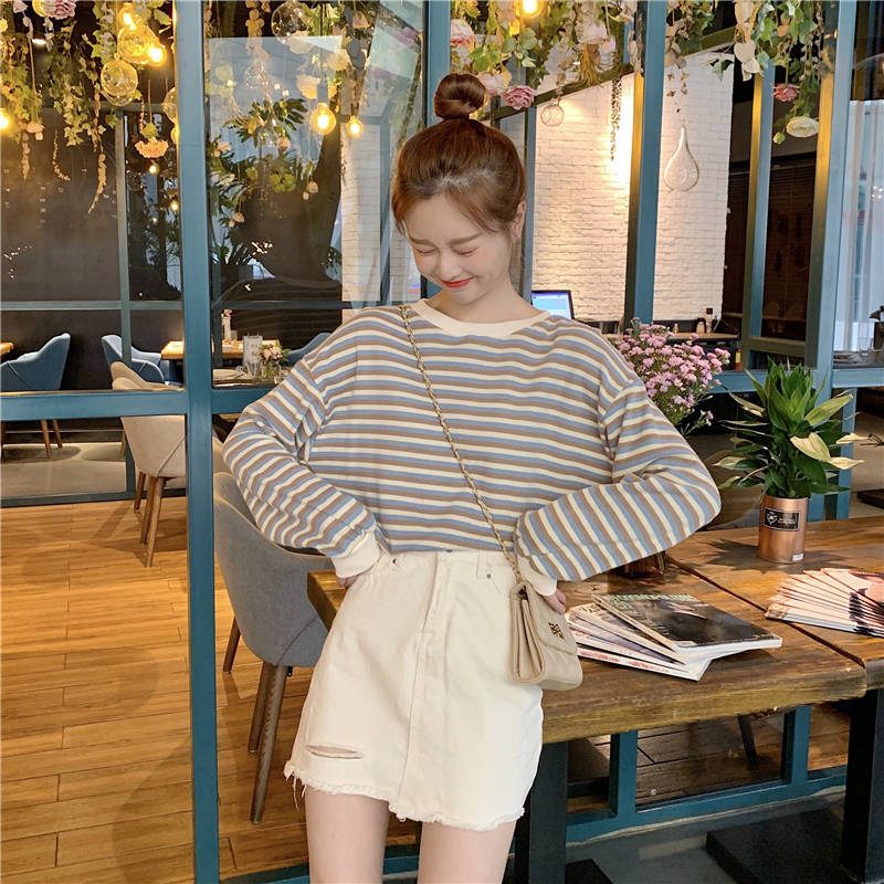 Women Stripe Print Long Sleeve Round Neck T-Shirt Top Summer Fall Lady Casual Pullovers