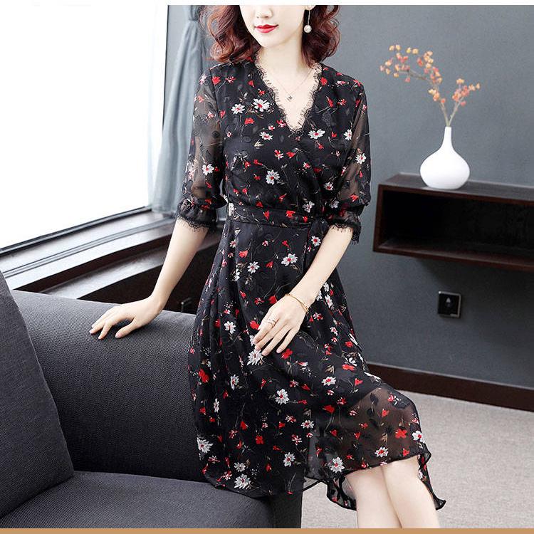 Vintage Spring Summer Chiffon Floral Printing Dress Midi Dress Pleated Hem Elegant Party Vestidos