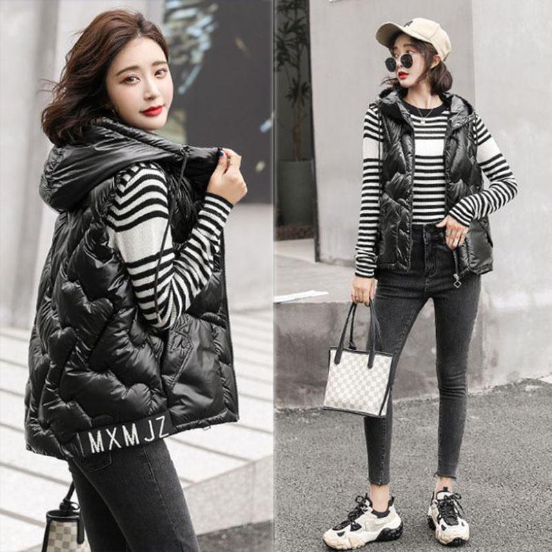 Winter Ladies Hooded Down Vest Jacket Fashion Glossy Down Cotton Sleeveless Jacket Thicken Warm Winter Vest