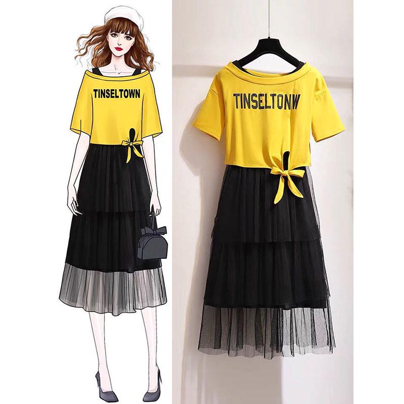 Summer Plus  Size Two-piece Set  Women Short Bow Crop Top T-shirt and Mesh Multi-layer Skirt 2 Piece Set
