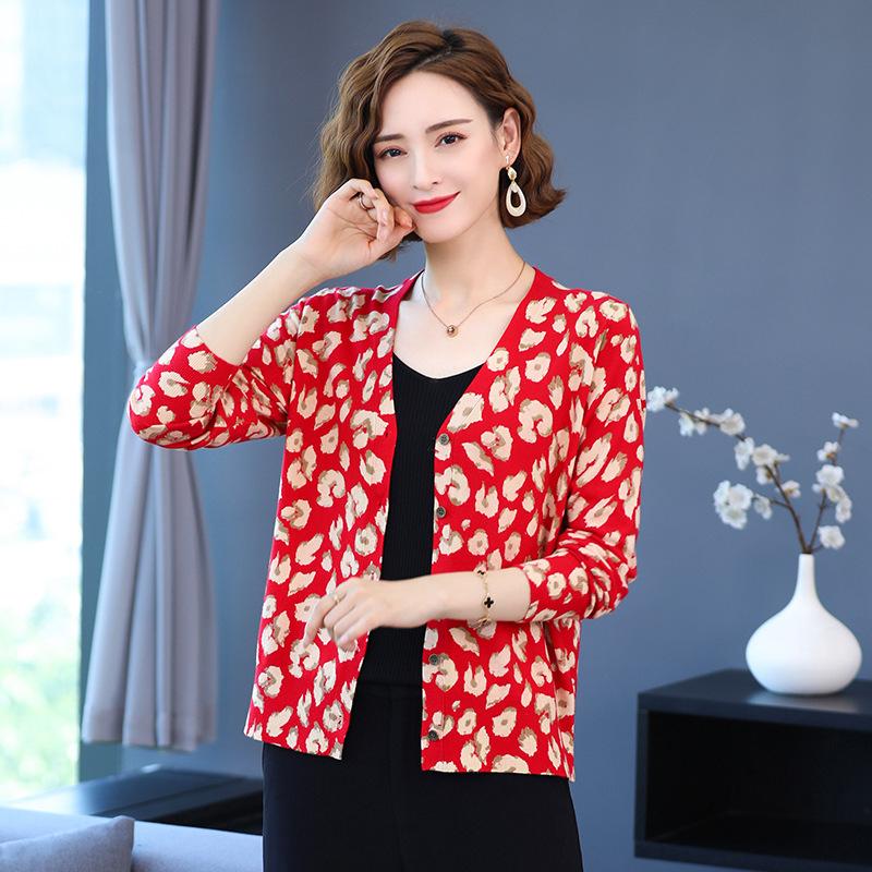 Autumn Winter Ladies Printed  Knit Cardigan Sweater Fashion V-neck Knit Jacket Woolen Sweater Coat