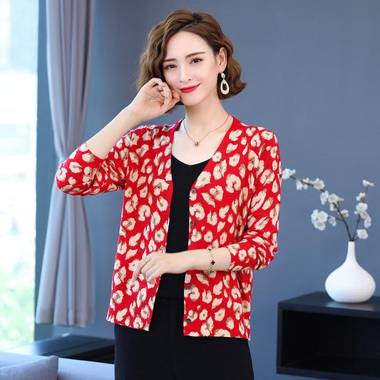 Autumn Winter Ladies Printed  Knit Cardigan Sweater Fashion V-neck Knit Jacket Woolen Sweater Coat