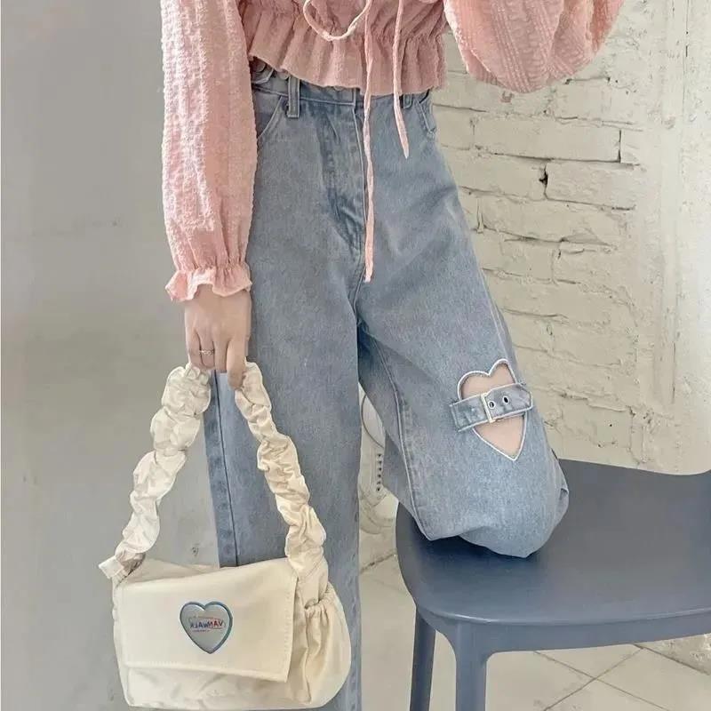 Broken Hole Jeans Female Spring and Autumn High Waist Loose Wide Leg Straight Pants Love