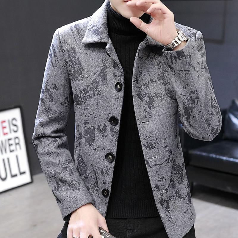 Men's Woolen Coat Autumn and Winter Korean Style Trendy Windbreaker Men's Short British Style Plus Velvet Coat Print