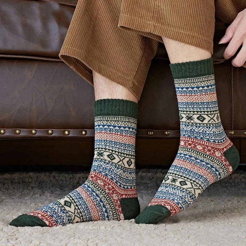 5 Pairs Retro Flower Socks Autumn Winter Ethnic Style Cotton Stockings Thick Thermal Line Diamond Knitted Warm Warm Socks Mid Tube Socks