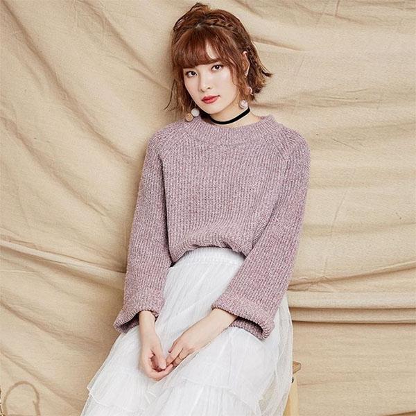 Autumn and Winter Loose and Simple Curled Long-sleeved Round Neck Solid Color Was Thin and All-match Pullover Student Sweater Women