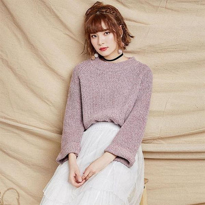 Autumn and Winter Loose and Simple Curled Long-sleeved Round Neck Solid Color Was Thin and All-match Pullover Student Sweater Women