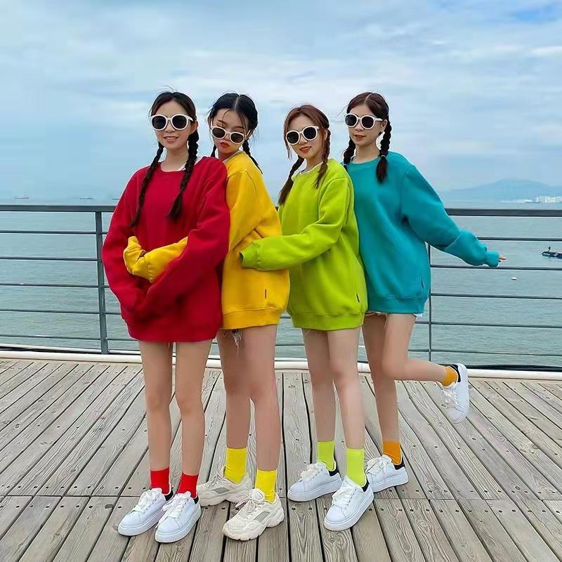 Sisters Outfit Color Plus Size Loose Round Neck Sweater Unisex Class Clothes Couple Candy Color Long Sleeve Pullover Sweatshirt Girlfriends Outfit