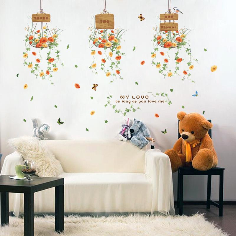 Small Fresh Hanging Basket Flower Wall Sticker Background Wall Decoration Wall Stickers Removable