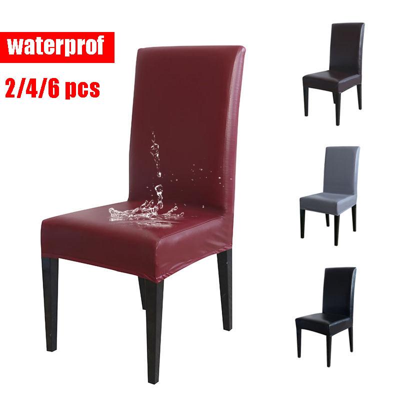 2/4/6Pcs Waterproof Chair Cover PU Leather Fabric Chair Covers Big Elastic Seat Chair Covers Stretch Seat Case For Home Banquet