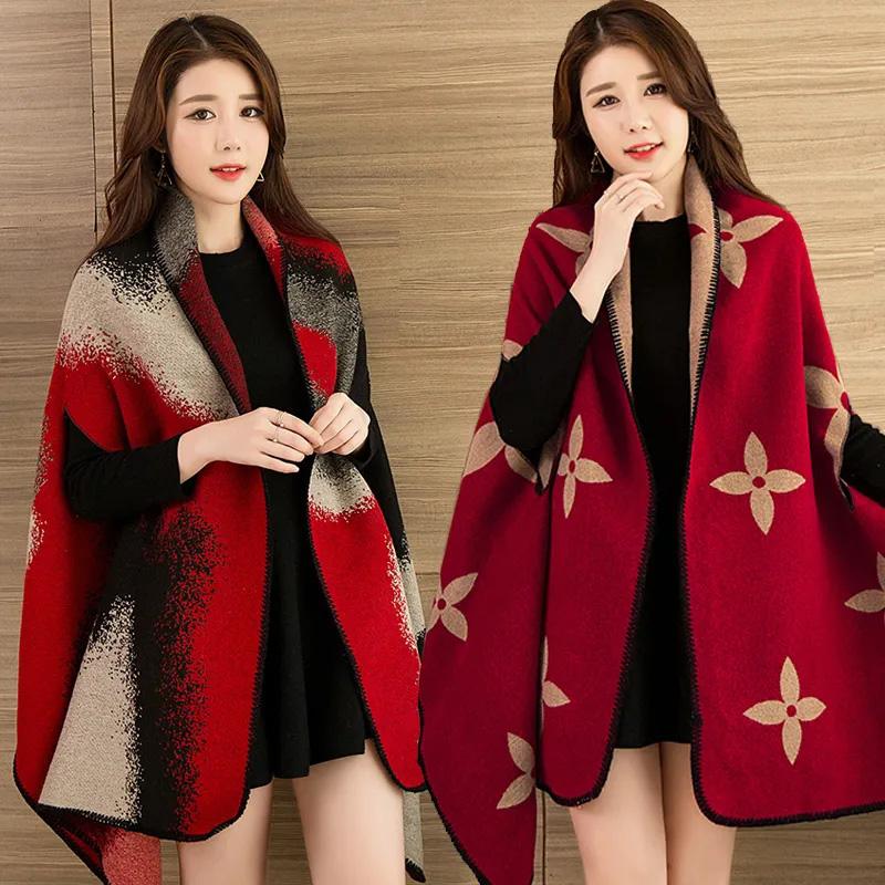 Women's Autumn Winter Wear Shawl Jacket Middle-aged Sweater Cardigan Sweater Shirt Outside Loose Mid-length Outerwear Double-sided Printing Shawl