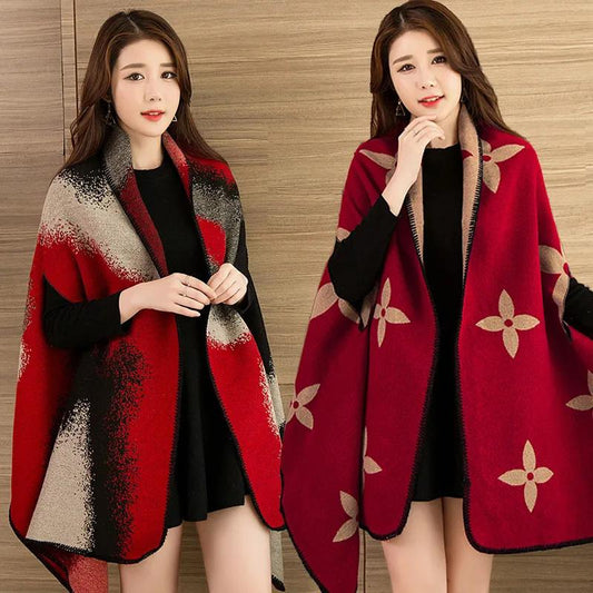 Women's Autumn Winter Wear Shawl Jacket Middle-aged Sweater Cardigan Sweater Shirt Outside Loose Mid-length Outerwear Double-sided Printing Shawl