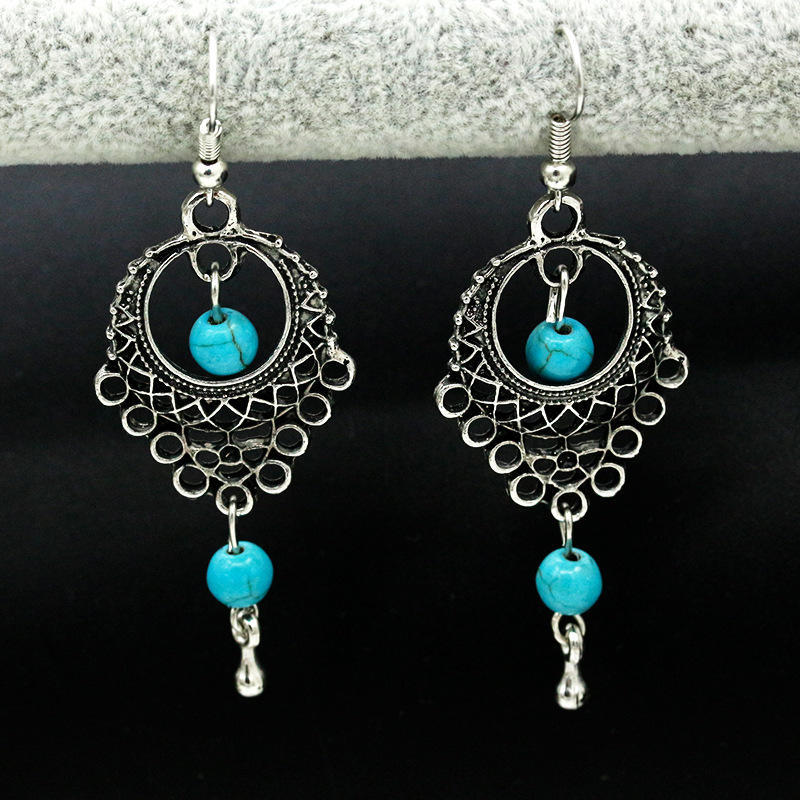 Fashion Vintage Ethnic Style Openwork Turquoise Water Drop Earrings Bohemian Tassel Earrings Jewelry