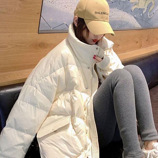 Loose Stand-up Collar Short Down Jacket Women Winter Diagonal Pocket White Duck Down Jacket