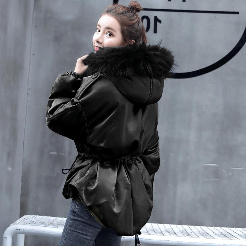Autumn Winter Women's Cotton Jacket Hooded Parkas with Fur Collar Casual Drawstring Thick Shiny Winter Jacket