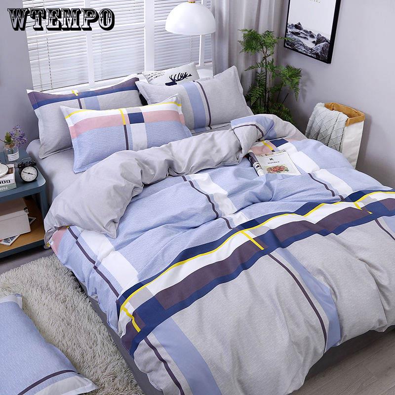 4Pcs Blue Solid Color Bedding Set Duvet Cover Cushion Sets Linen Bed Sheet Bed Sets