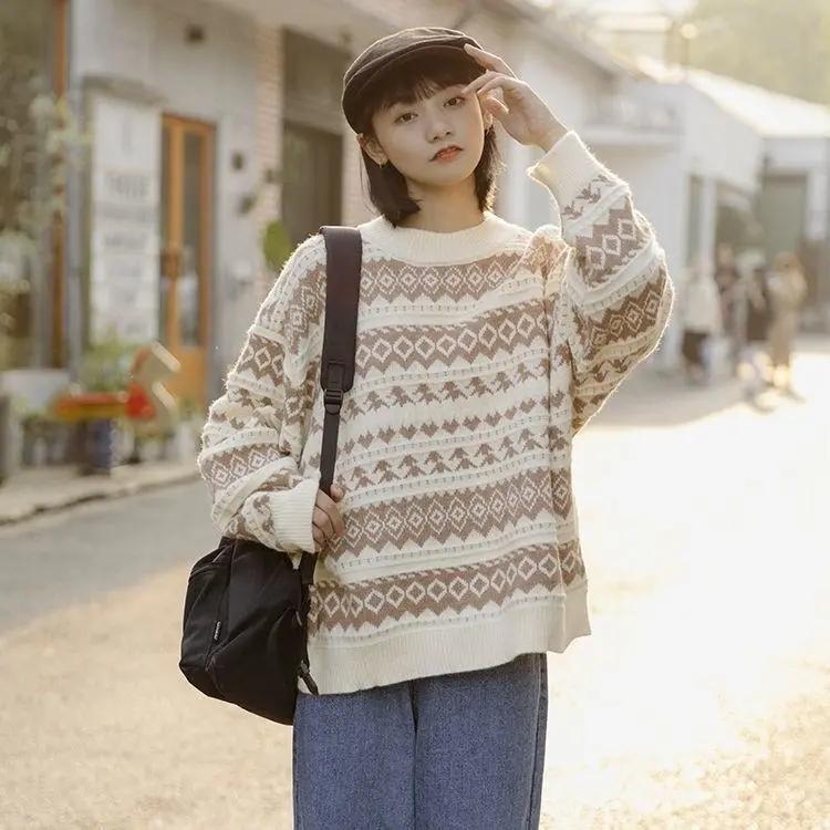 Autumn Winter Women Sweater Pullover Knit Jumpers Casual Loose Striped Pull Korean Knitwear Top Girls Student Retro Vintage Sweater Short Warm O Neck