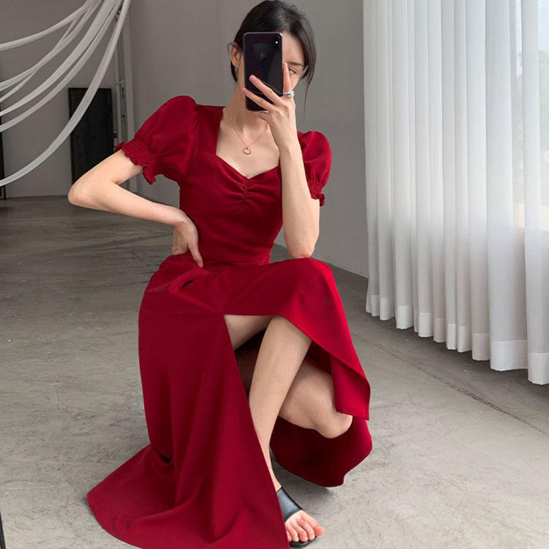 Women's Summer Solid Color Skirt Puff Sleeve Dress Square Collar Midi Skirt