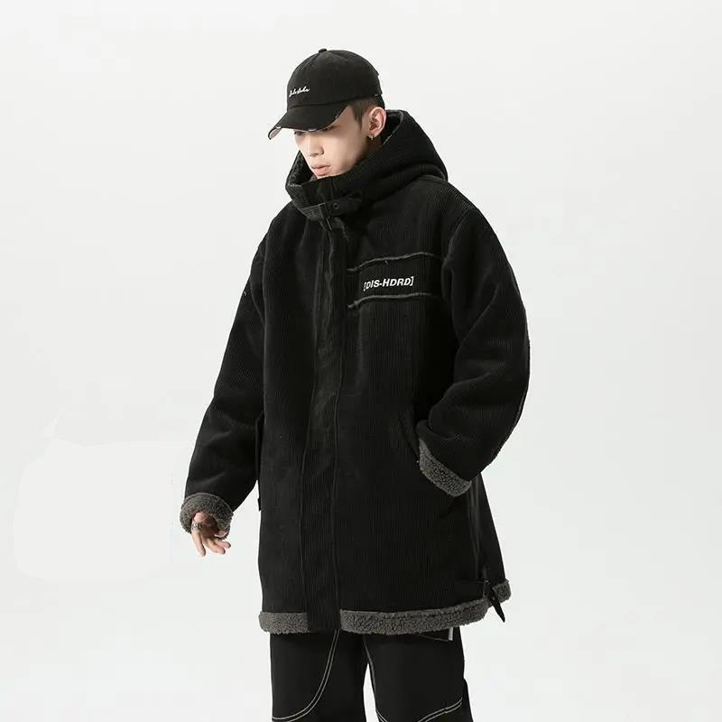 Men's and Women's Winter Thickening and Velvet Mid-length Corduroy Jacket with Hood and Large Size Lamb Velvet Jacket