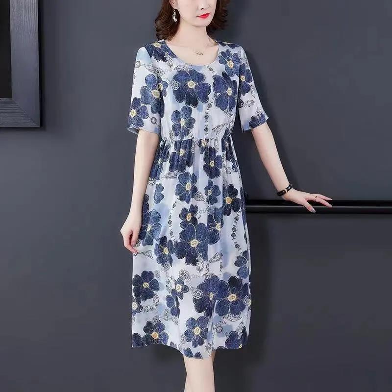Women's Slim A-line Skirt Summer Short Sleeve Mid Length Floral Large Size Dress