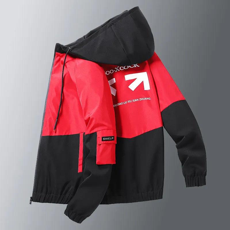 Men's Spring and Autumn Coat Sportwear Jacket Korean Trend Colorblock Print Hooded Jacket Loose Casual Bomber Jacket