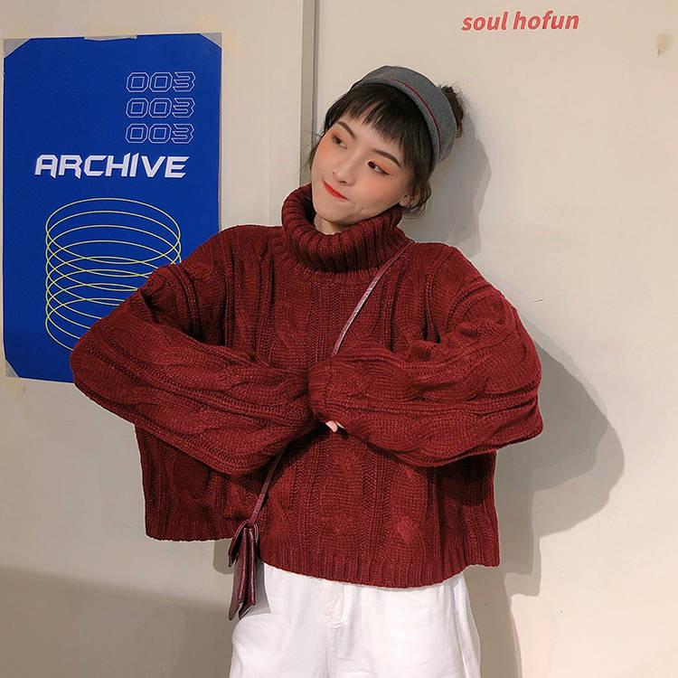 Solid Color Thick Turtleneck Sweater Autumn and Winter Loose Twist Pullover Knitted Sweater