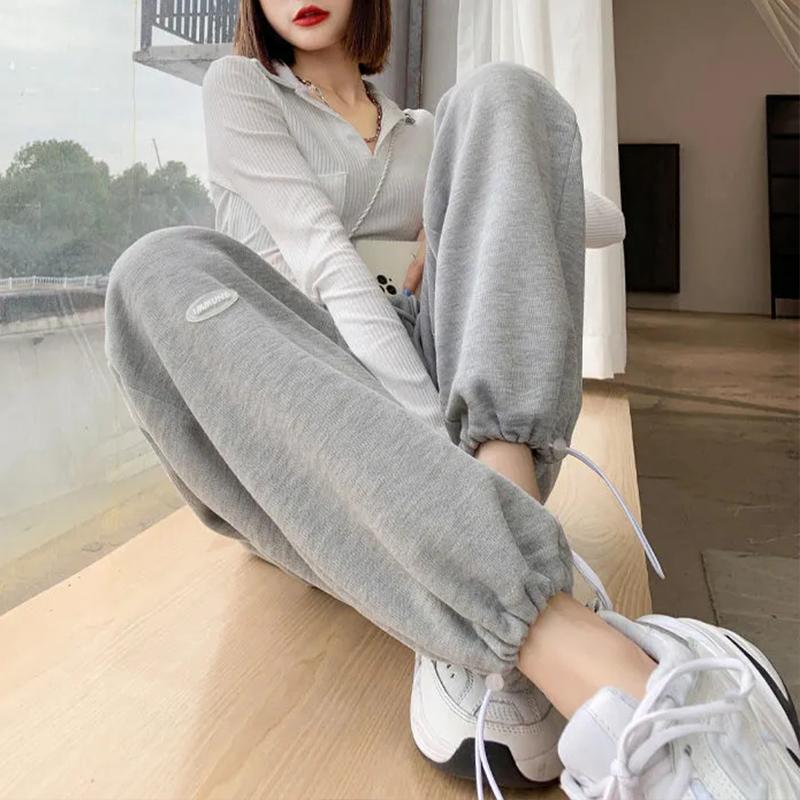 Autumn and Winter Plus Velvet Thick Sports Pants Women's Loose and Thin Wide-leg Straight Pants Gray Leggings Outer Wear Casual Sweatpants