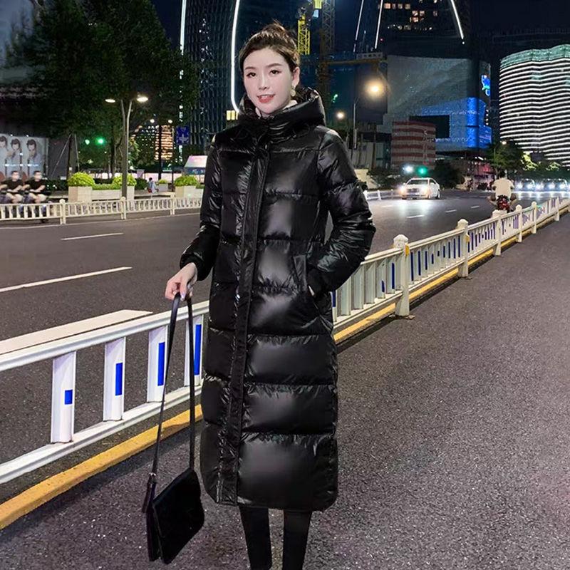 Winter Bright Face Ladies Long Padded Jacket with Hooded Stand-up Collar Slim Fit Thick Warm Down Padded Jacket Simple and Versatile Loose Warm Jacket