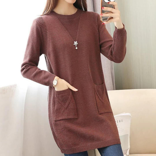 Women's Mid-length Knit Sweater  dress Winter Loose Round Neck Pullover Sweater Thick Knitwear Skirt with Pockets