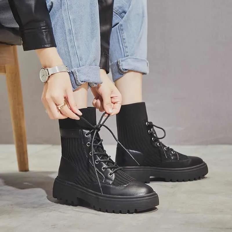Martin Boots Women's Winter Knit Stitching Lace-up Ankle Boots Leather Thick-soled Motorcycle Boots