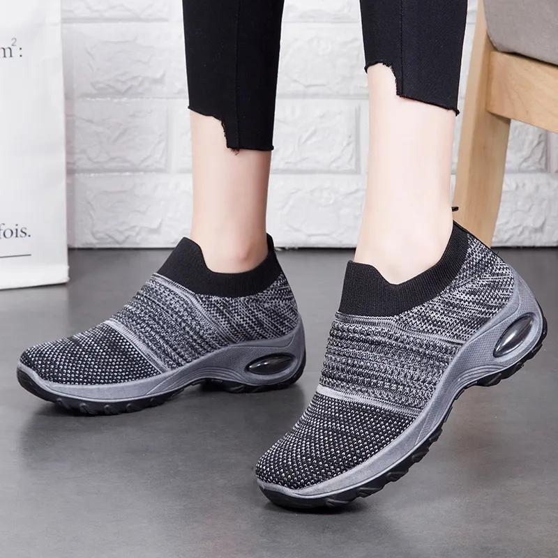 Women's Mid High-heeled Sneakers Casual Breathable Mesh Sports Shoes Running Flat Shoes Slip on Thick-soled Dance Shoes