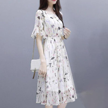 Women Spring Flower Print Dress V Neck Casual Three Quarter Sleeve Ruffles Split Dress Female Elegant A Line Party