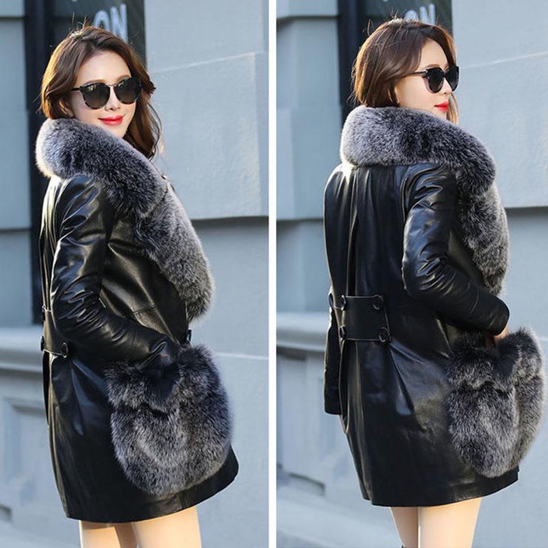 Winter Women's Mid-length Leather Jacket Plus Cotton and Velvet Warm Fur Coat with Faux Fox Fur Collar Windproof Leather Trench Coat Plus Size S-7XL