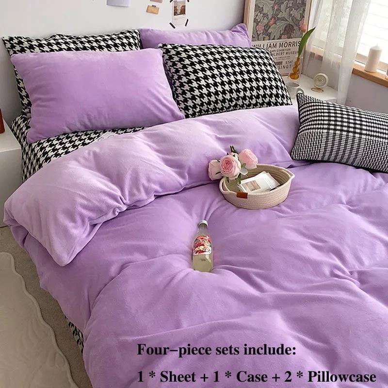 Winter Double-sided Thickening Plus Velvet Four-piece Coral Velvet Is Sleeve Single Pillow Set of Set 1.5 Meters 1.8 Meter Bed Warm Bed Set