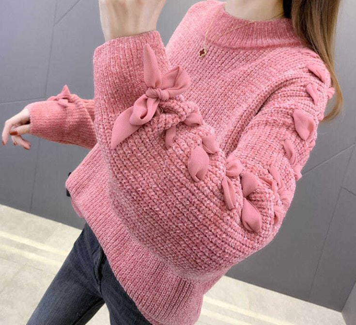 Fleece Chenille Crew Neck Sweater Tie Bow Long Sleeve Knit Sweater Solid Color Loose Oversized Sweater