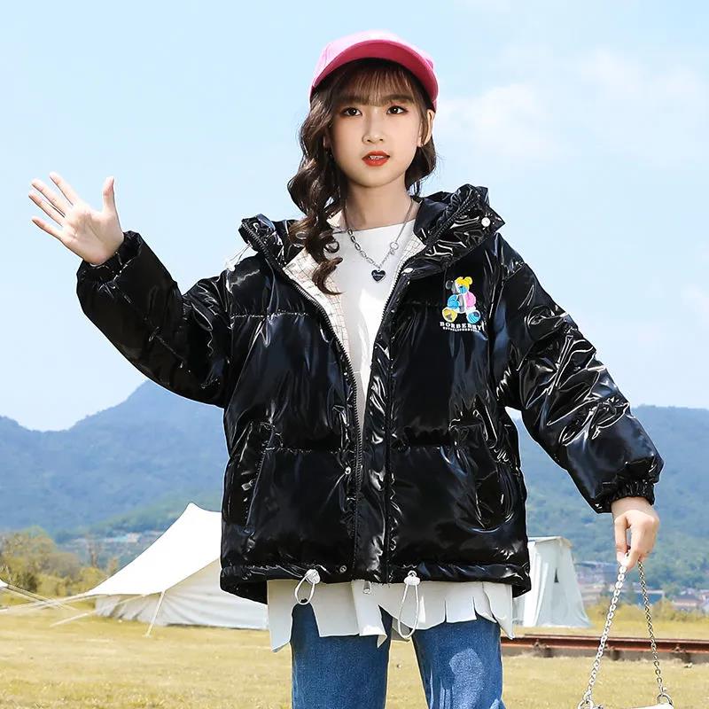 Girls' Winter Warm Down Jacket Glossy Disposable Cotton Clothes Short Padded Windproof Hooded Jacket