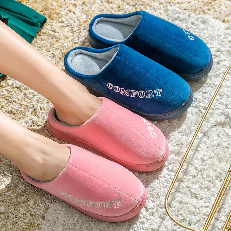 Pink Winter Slippers Women Thick Warm Cotton Shoes Home Mens Plus Size Winter Slipper