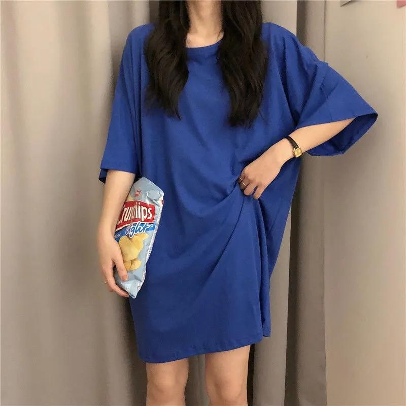Nightdress Women's Summer Candy Color Short-sleeved Thin Home Clothes Simple Solid Color Student Summer Pajamas Outside Long Short-sleeved T-shirts