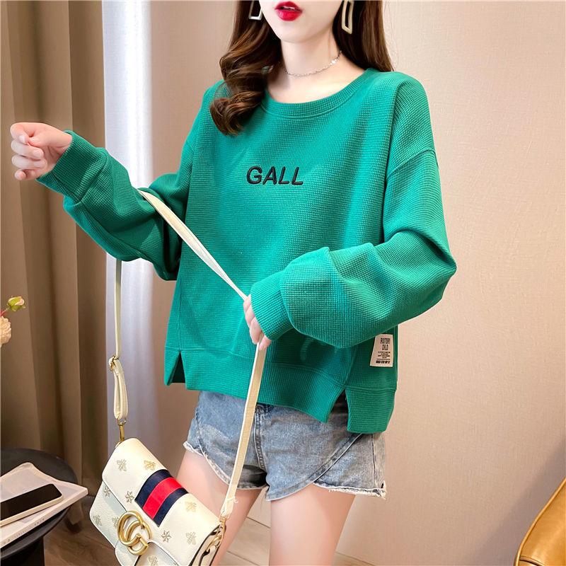 Women's Spring and Autumn Korean Style Waffle Sweater Loose Design Long Sleeve Short Large Size Top