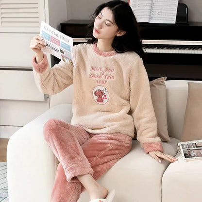 Coral Fleece Pajamas Women Autumn Winter Sleepwear Thick Warm Velvet Homewear Top and Pant Suit Cartoon Cute Nightwear O Neck Pullover Long Sleeve
