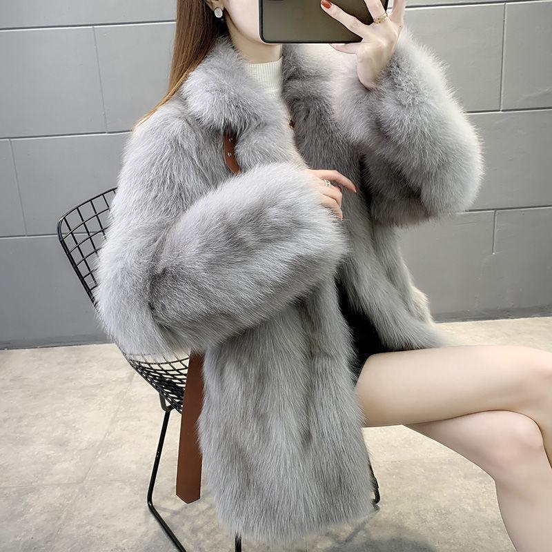 Winter Women's Coat with Imitation Fox Fur Haining Mid-length Fur Coat